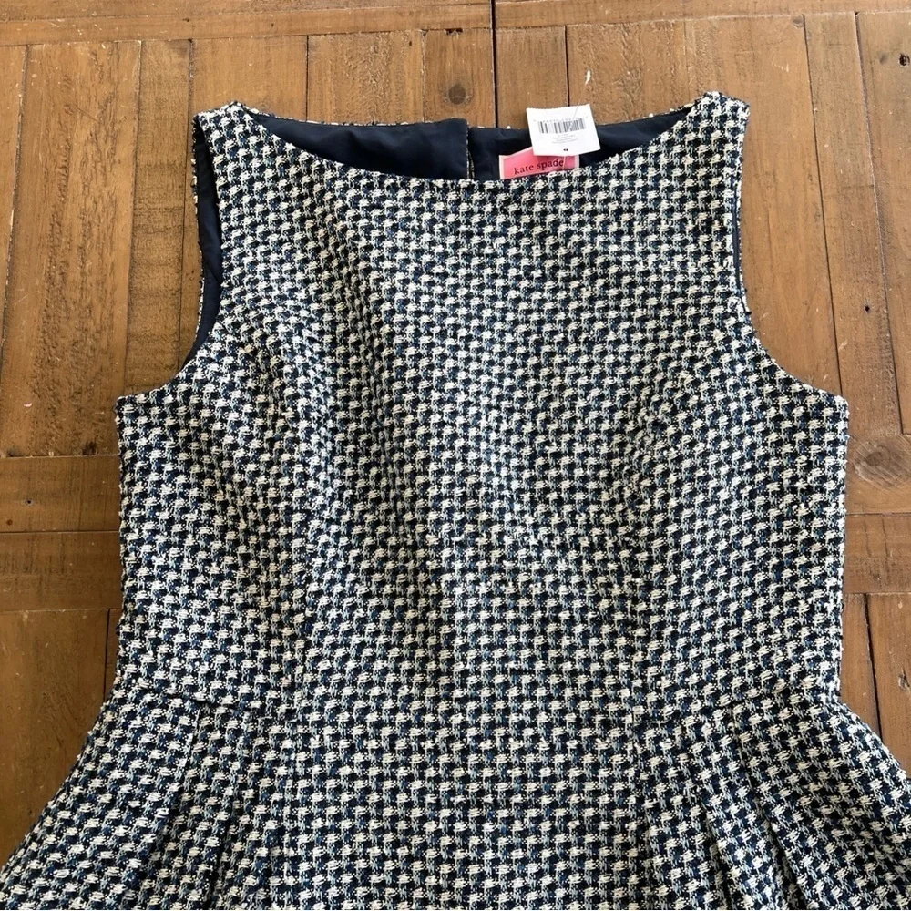Kate Spade Nautical Tweed Dress Size 12 Navy Blue White Pockets Fit Flare Preppy